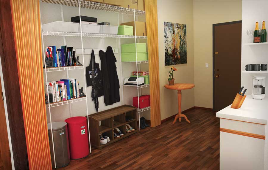 In Lin’s proposed solution, shoe cubbies and “grab-and-go” hooks make coming and going easy and quick. Shelves behind a decorative curtain offer attractive, organized storage.